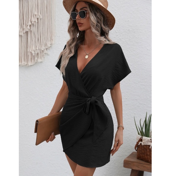 Black Wrap Side Tie Mini Dress Short Sleeves - Picture 2 of 9